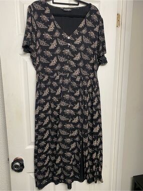 ***SOLD***Disturbia Black V-Neck Midi Dress with Cream Insect Print